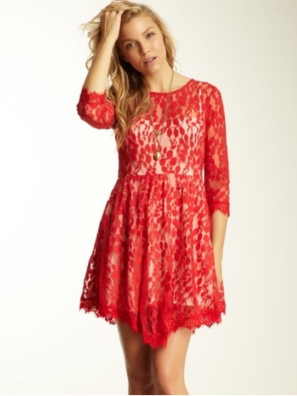 Free People Red Lace Fit-and-Flare Boho Mini Dress